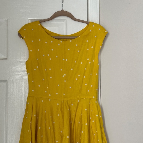 Boden Yellow Polka Dot Swishy Dress Full Skirt Cap Sleeve Tall Size 6 Long L - Picture 5 of 11